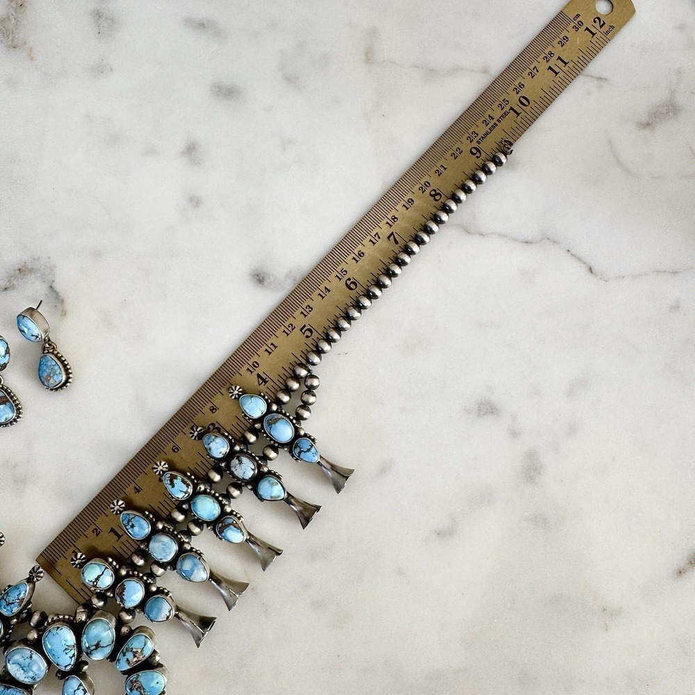 Navajo Squash Blossom Necklace Golden Hills Turquoise Signed Skeets Sterling - Picture 14 of 15